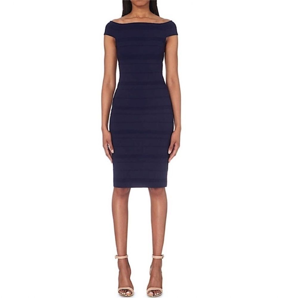 NWT TED BAKER Sz 4 Bardot Dark Blue Off Shoulder Striped Textured Bodycon Dress